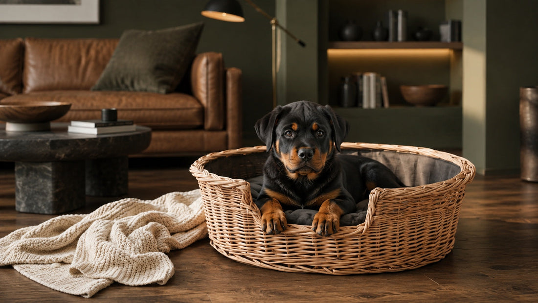 Handgeflochtenes Hundebett aus Weide mit Rottweiler Welpen