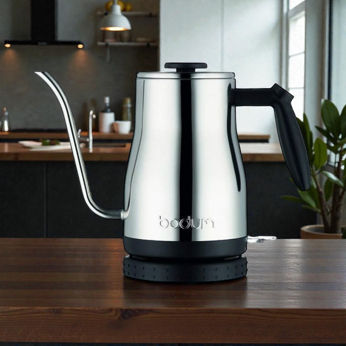 Elektrischer Wasserkocher aus Edelstahl auf moderner Küchenarbeitsfläche, minimalistisches Design, ideal für Tee und heißes Wasser.