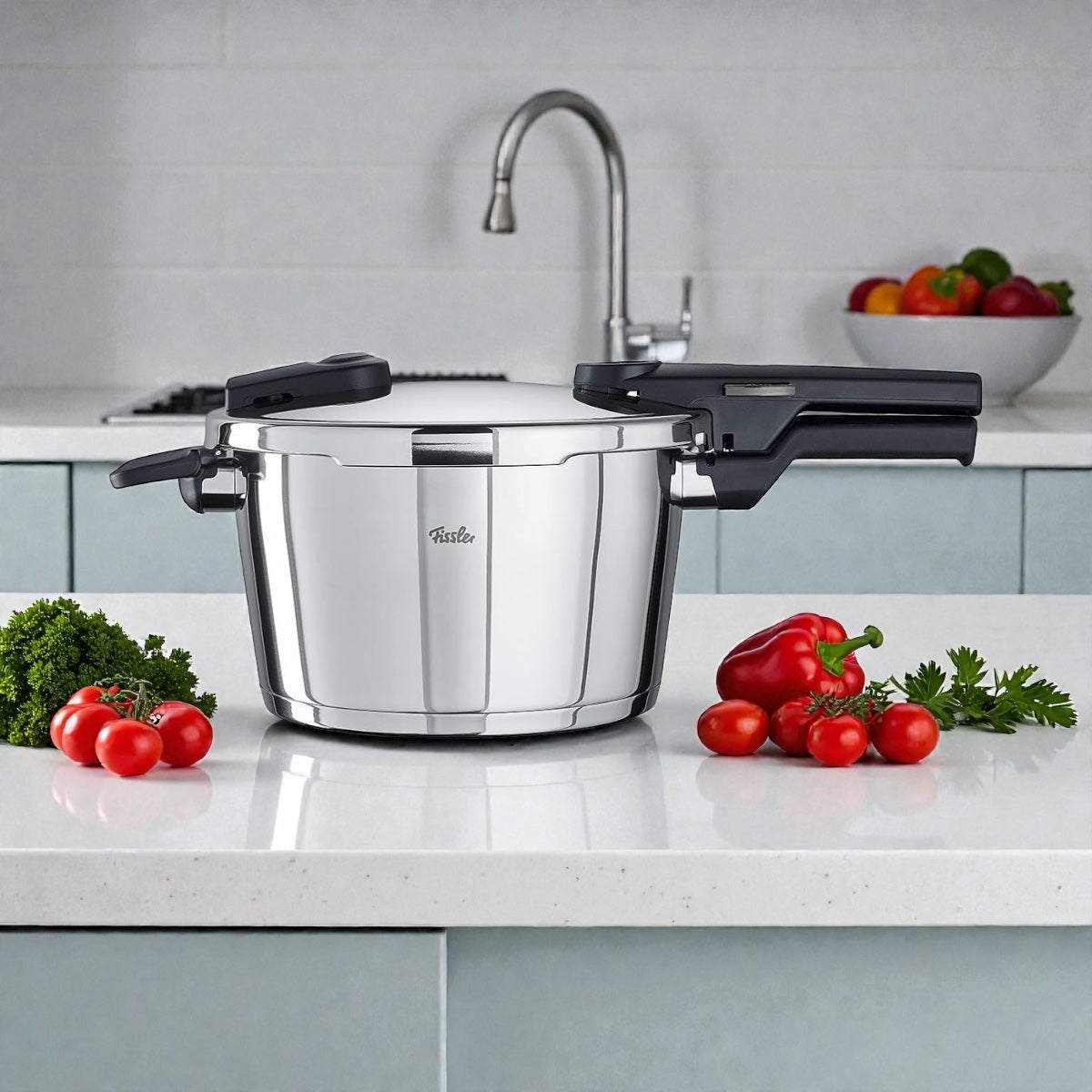 Edelstahl Schnellkochtöpfe in moderner Küche auf dem Herd, elegantes Design und hochwertige Verarbeitung