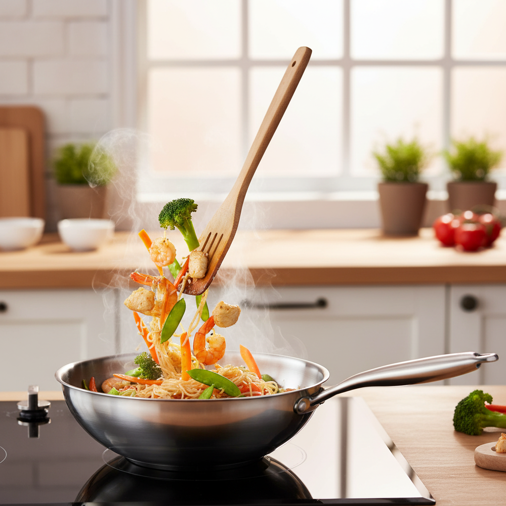 Edelstahlpfanne auf Induktionskochfeld in moderner Küche mit frischen Zutaten