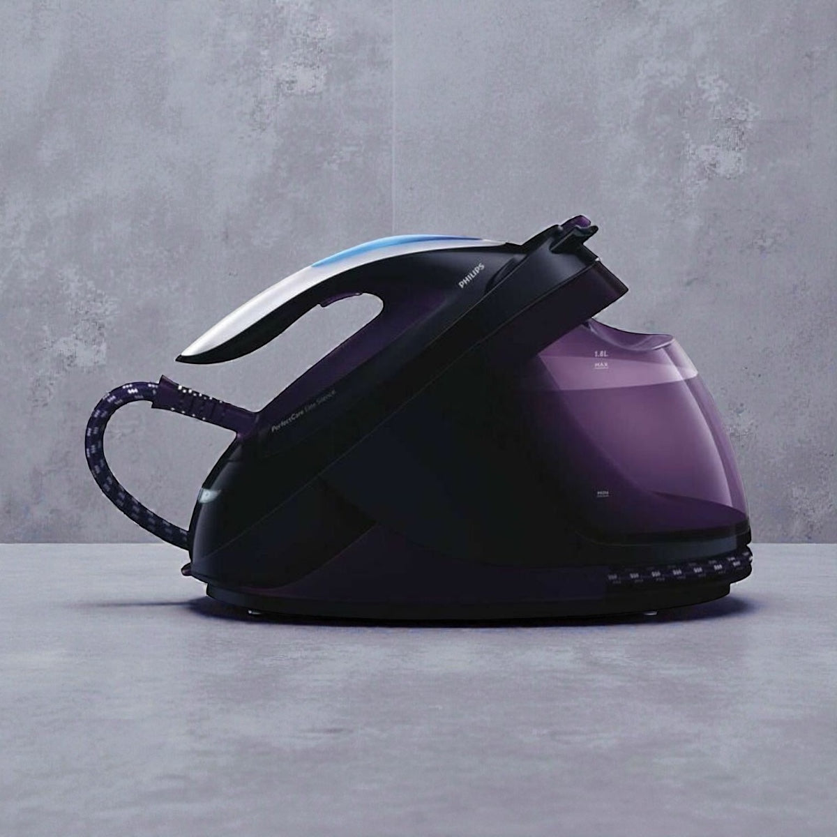 Philips Dampfbügelstation in Schwarz mit violettem, transparentem Wassertank, ergonomischem Griff und modernem Premium-Design für leistungsstarkes Bügeln