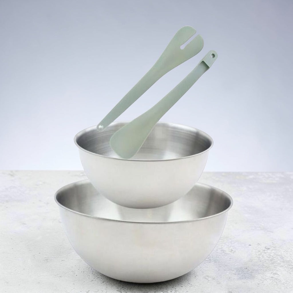 Edelstahl Schüssel Set mit Salatbesteck – moderne Küchenhelfer für Salat und Zubereitung