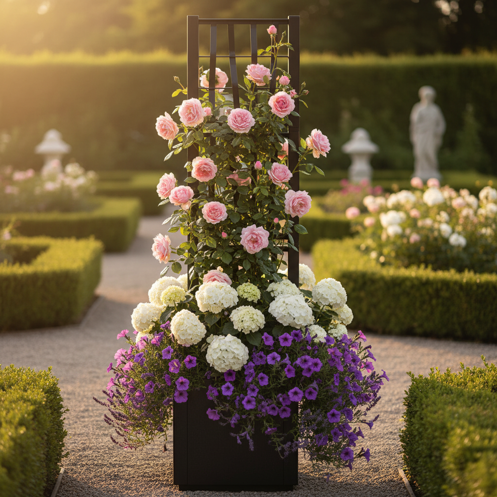 Moderner brauner Blumenkasten mit Spalier für Garten und Terrasse, üppig bepflanzt mit Rosen und Sommerblumen, hochwertige Outdoor-Dekoration