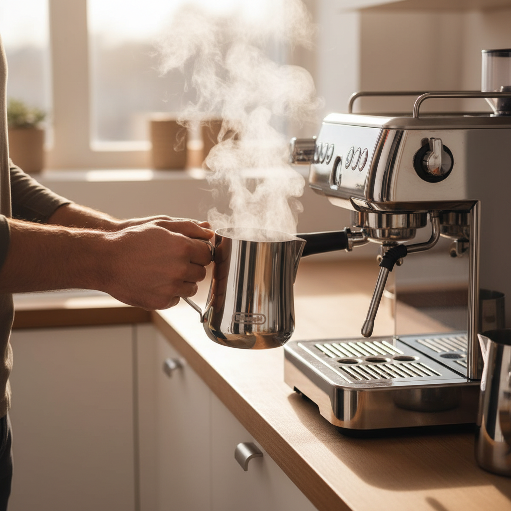 DeLonghi Milchaufschäumkanne unter Espressomaschine mit Dampf – Edelstahl Barista Kanne für perfekten Milchschaum