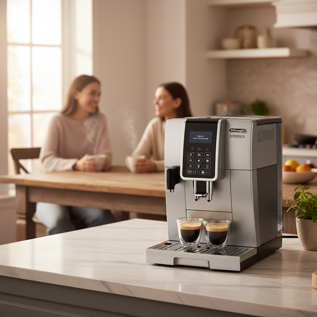 Automat de cafea DeLonghi Dinamica preparând două espresso pe blatul unei bucătării moderne, cu persoane relaxându-se în fundal.
