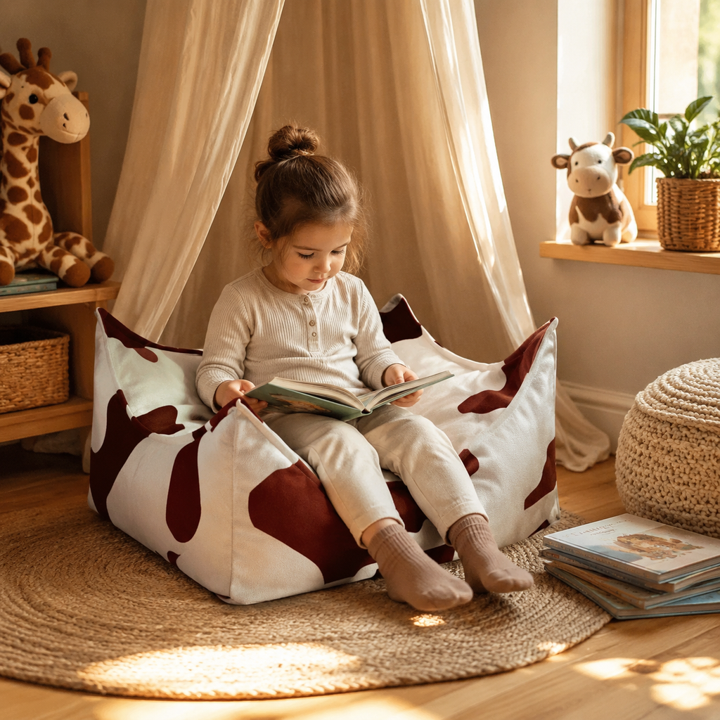 Kinder-Sitzsack eckig Kuh in gemütlicher Leseecke – bees&blooms