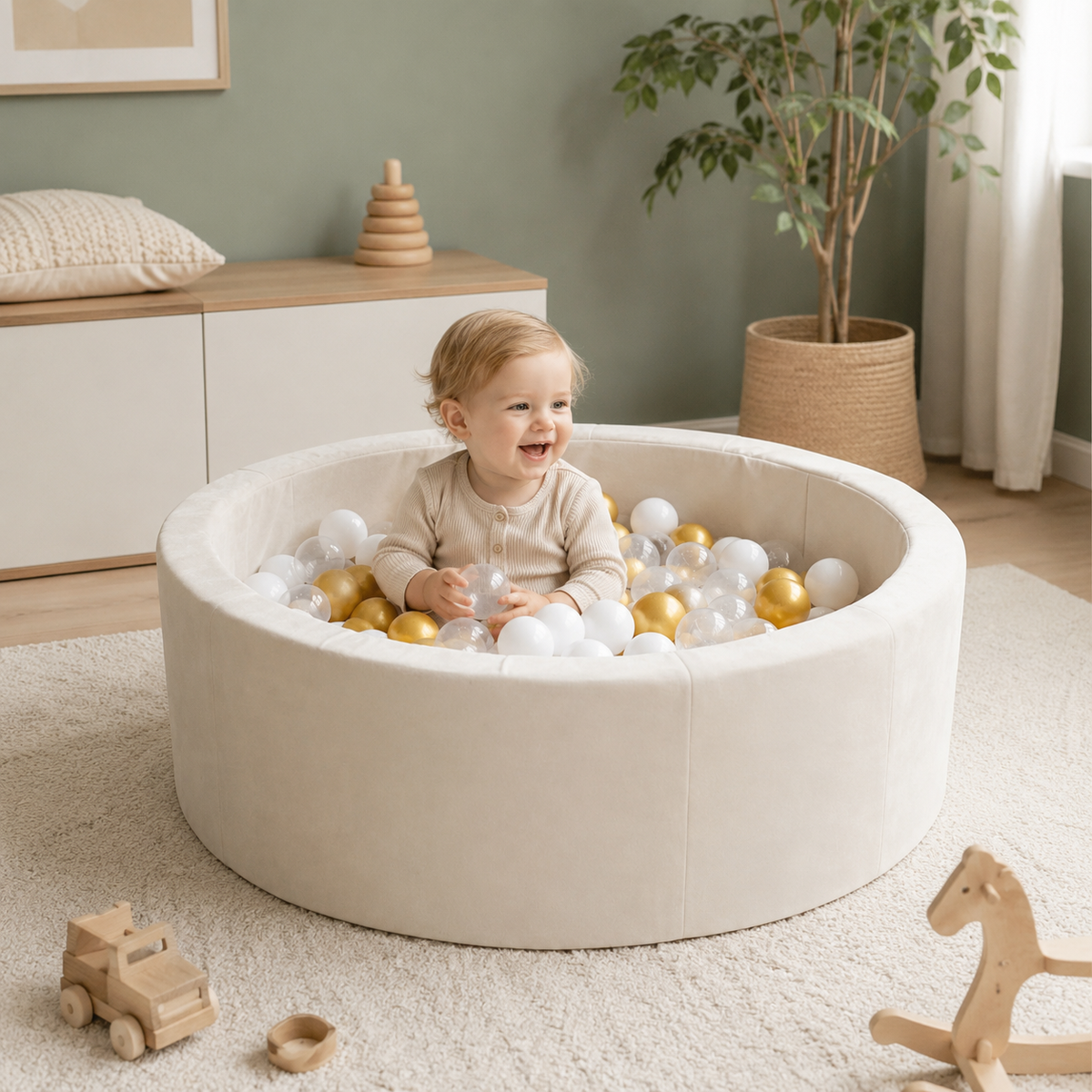 Rundes Bällebad Beige mit goldenen und weißen Bällen im Kinderzimmer – bees&blooms