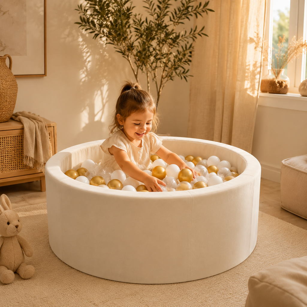 Rundes Bällebad Beige mit goldenen und weißen Bällen in Spiel- und Leseecke – bees&blooms