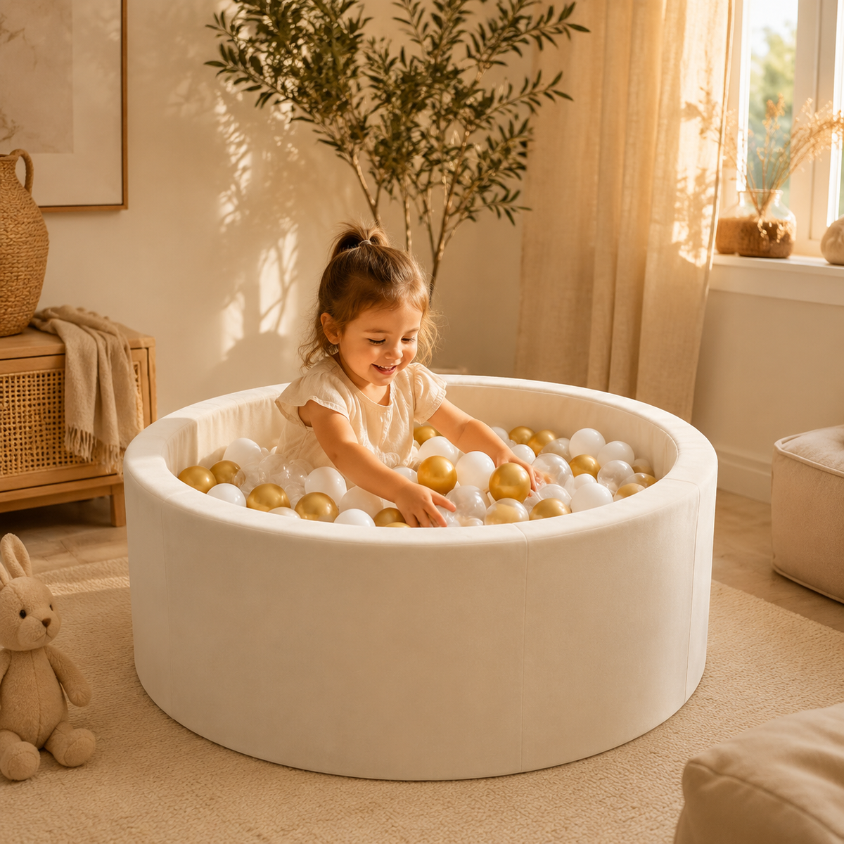 Rundes Bällebad Beige mit goldenen und weißen Bällen in Spiel- und Leseecke – bees&blooms