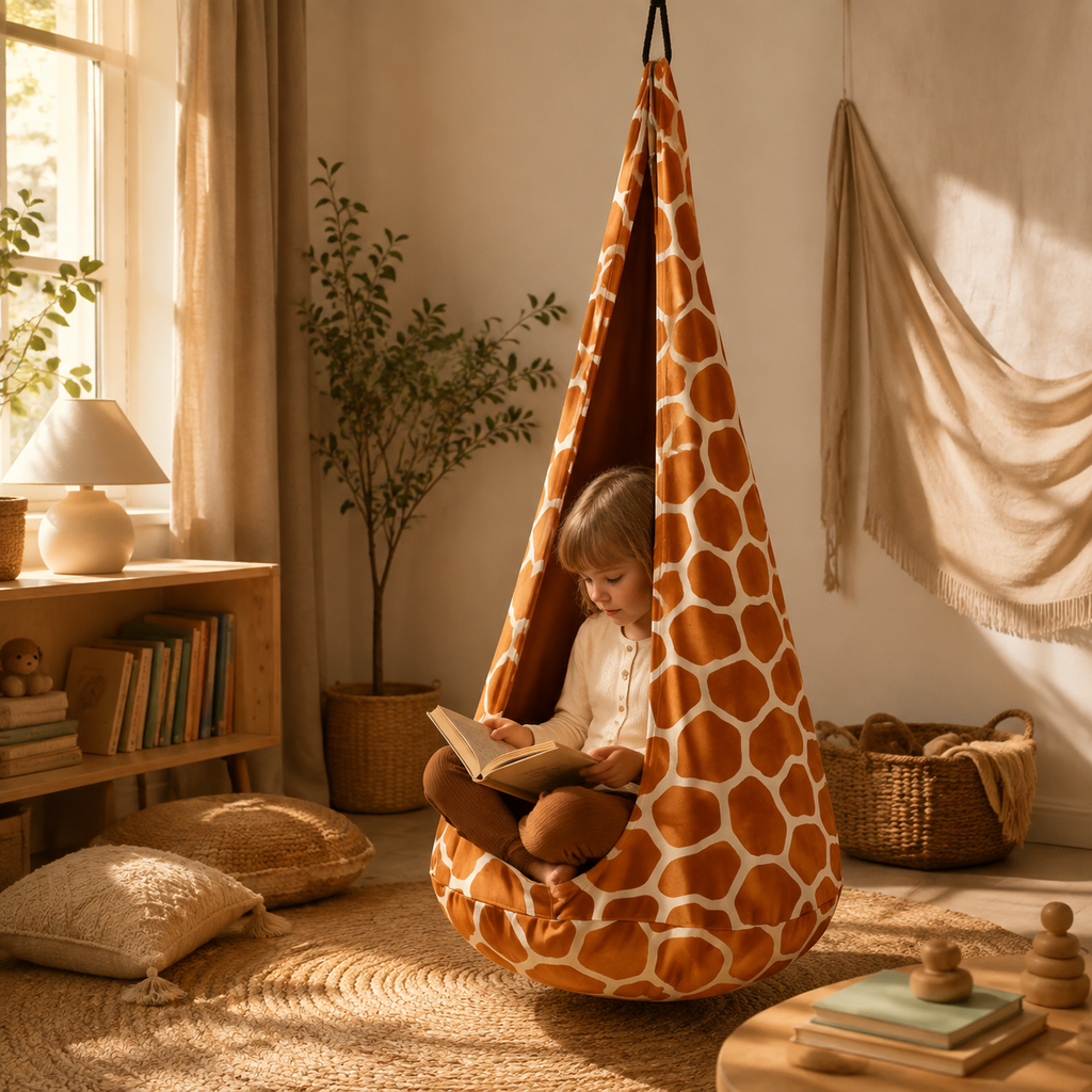 Kokonschaukel Giraffe in gemütlicher Leseecke – bees&blooms