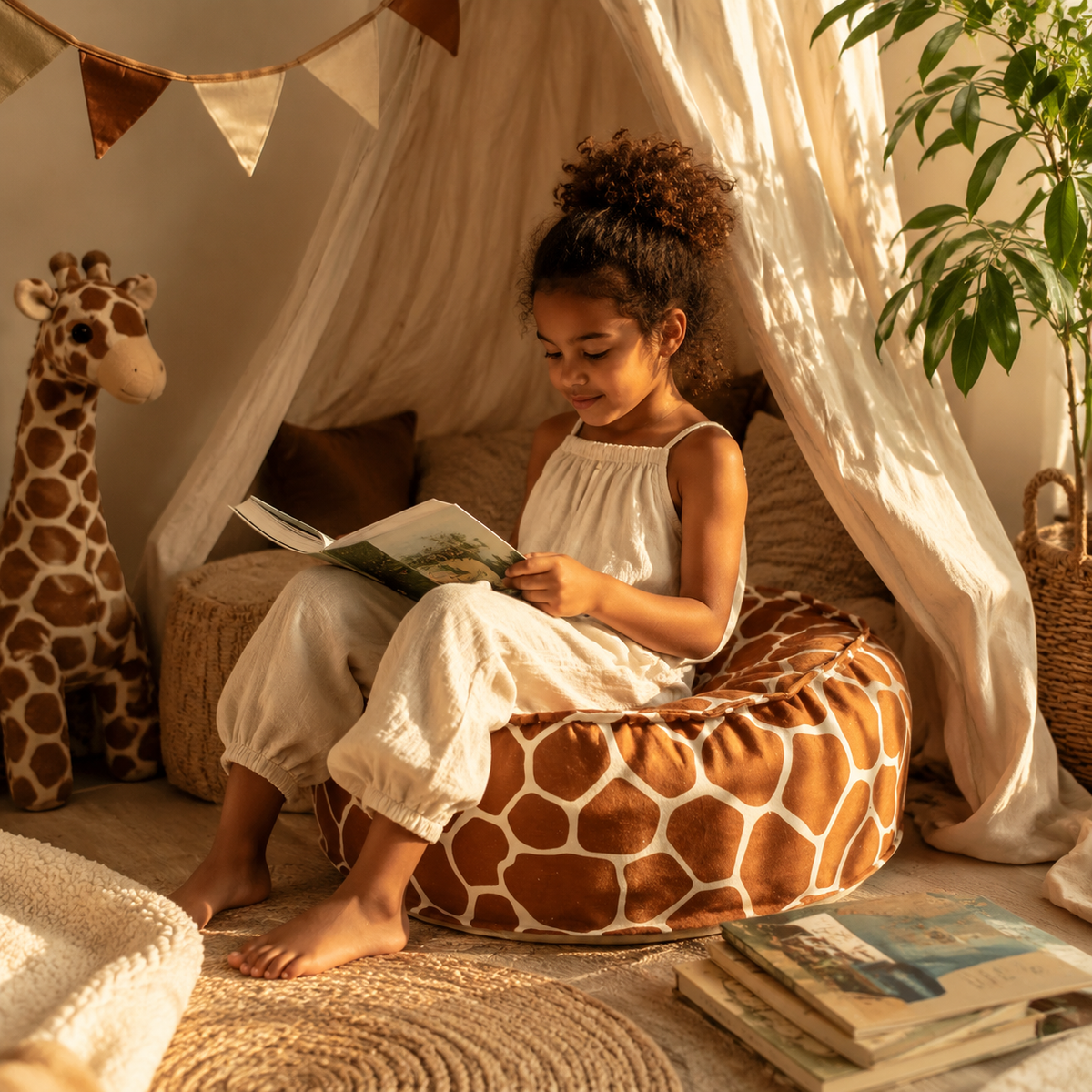 Kinder-Sitzsack Giraffe in gemütlicher Leseecke – bees&blooms