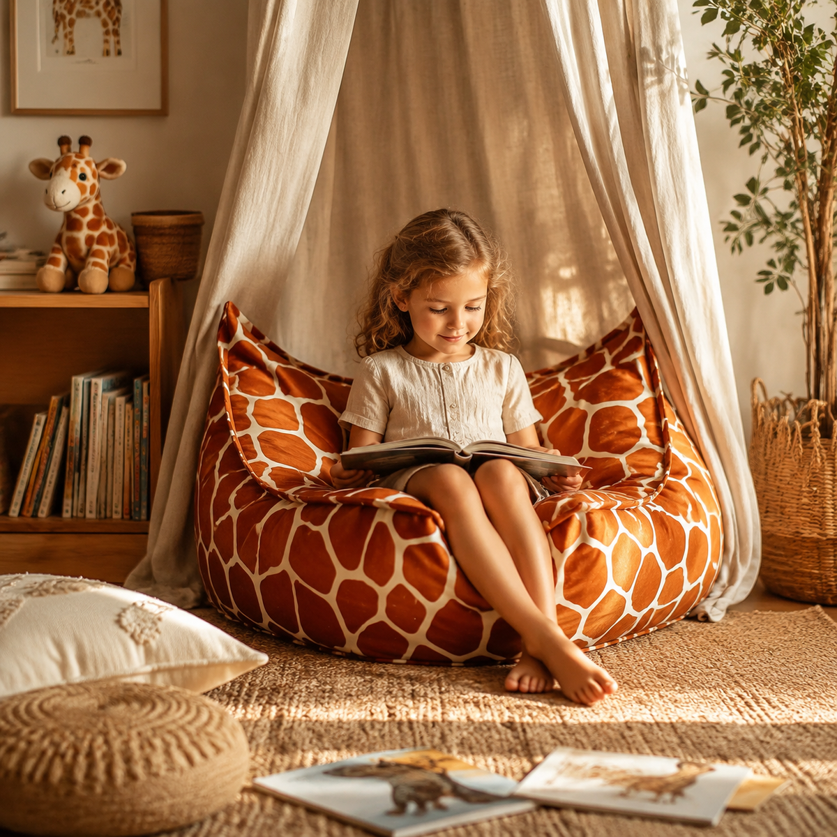 Kinder-Sitzsack eckig Giraffe in gemütlicher Leseecke – bees&blooms