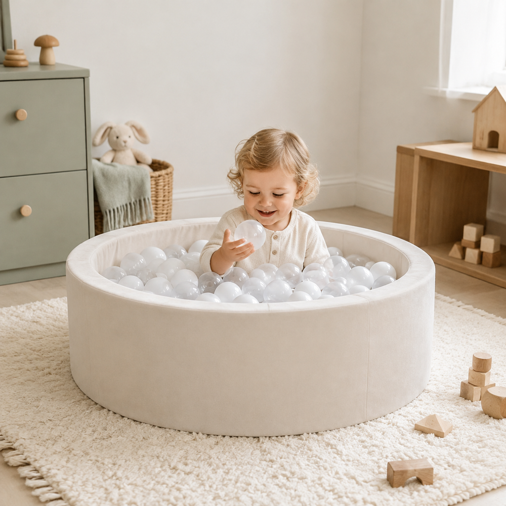 Rundes Bällebad Beige mit weißen Bällen im Kinderzimmer – bees&blooms