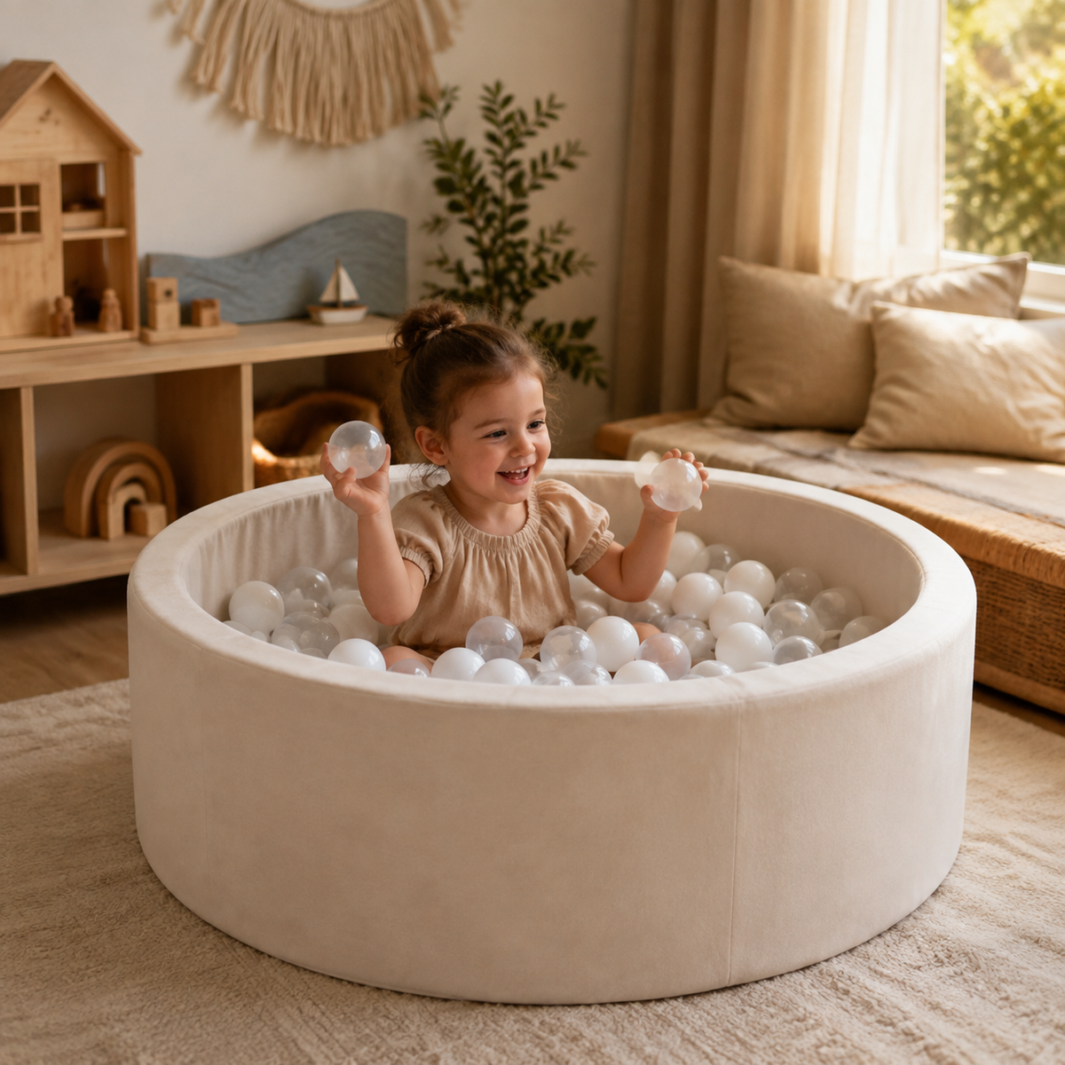 Rundes Bällebad Beige mit weißen Bällen in Spiel- und Leseecke – bees&blooms