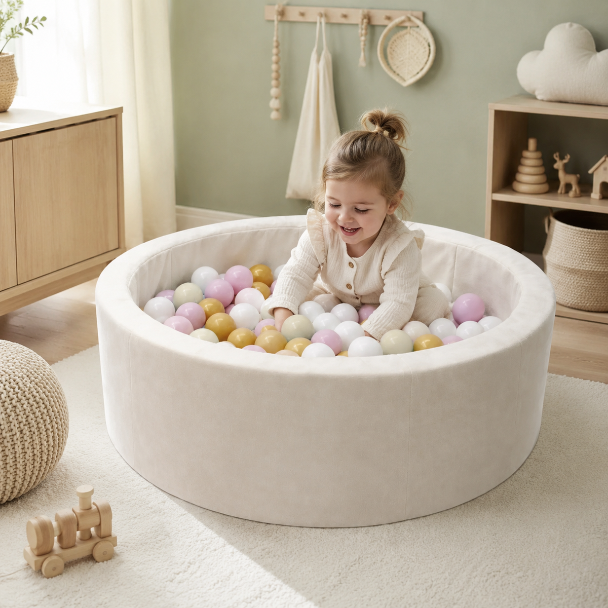 Rundes Bällebad Beige mit Pastellbällen im Kinderzimmer – bees&blooms