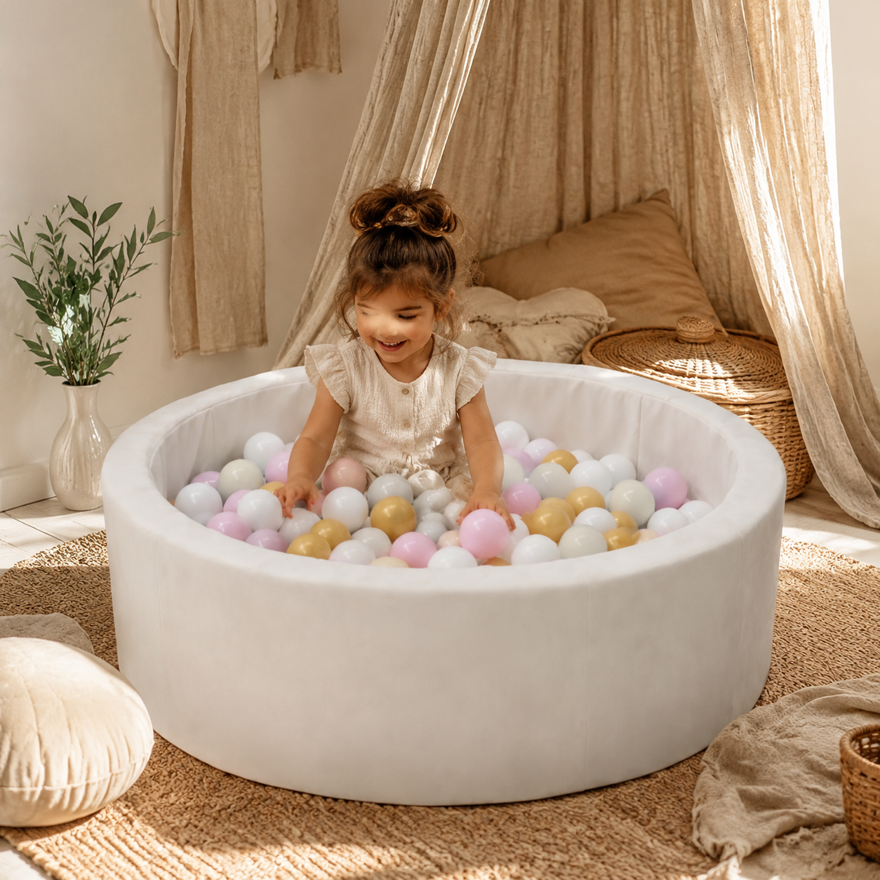 Rundes Bällebad Beige mit Pastellbällen in Spiel- und Leseecke – bees&blooms