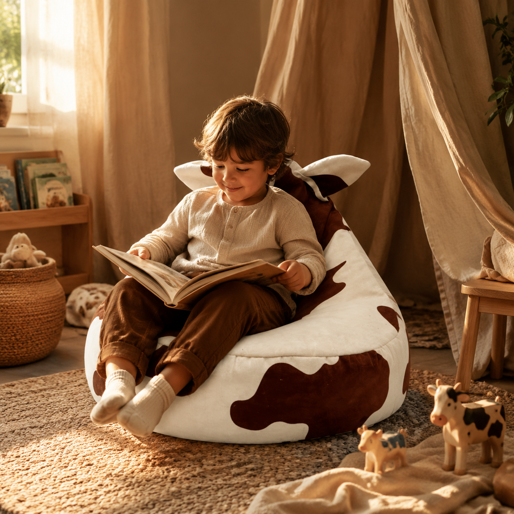 Kinder-Teddysessel Kuh in gemütlicher Leseecke – bees&blooms