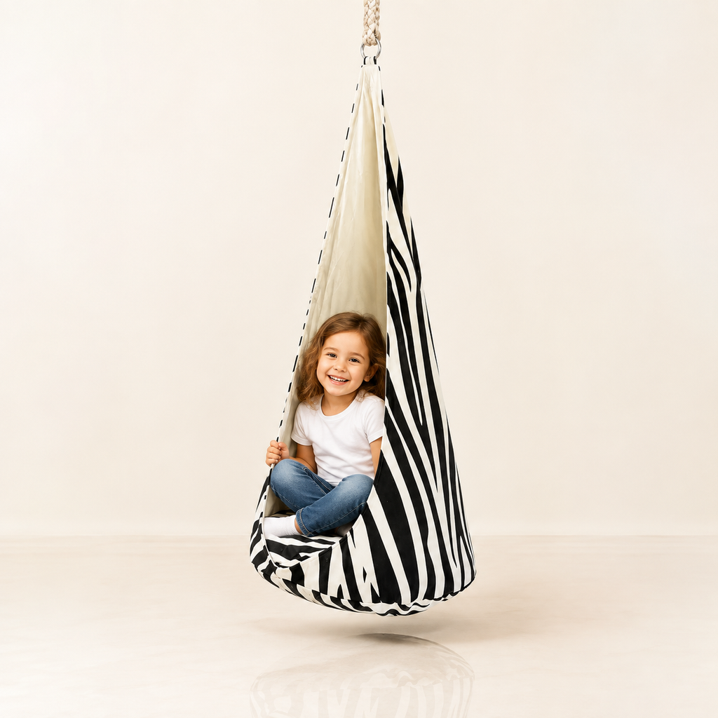 Kokonschaukel Zebra mit Kind im Studio – bees&blooms