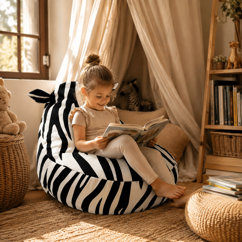 Kinder-Teddysessel Zebra in gemütlicher Leseecke – bees&blooms