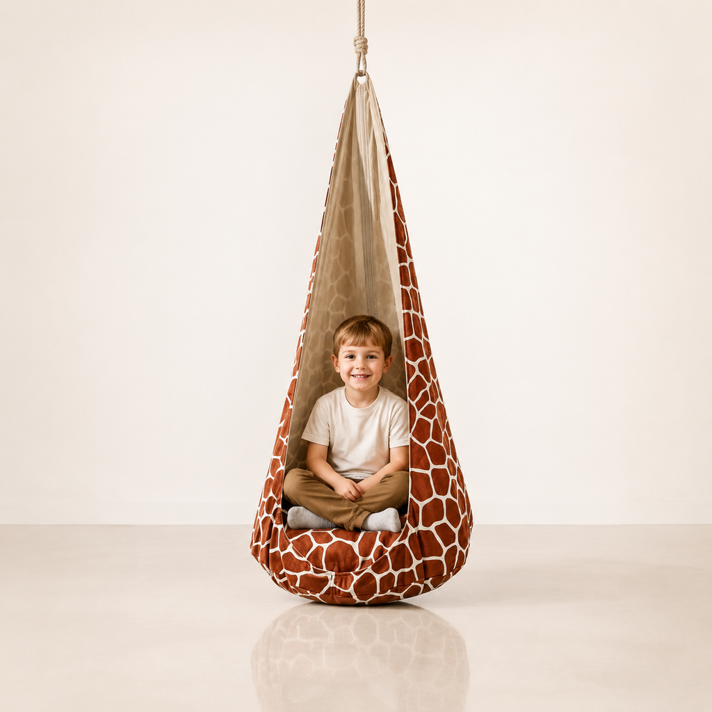Kokonschaukel Giraffe XXL mit Kind im Studio – bees&blooms