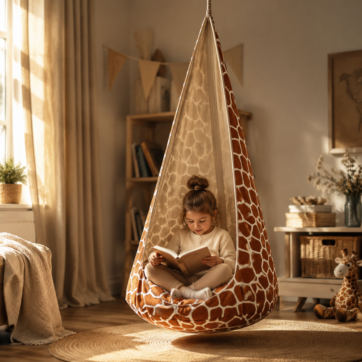 Kokonschaukel Giraffe XXL in gemütlicher Leseecke – bees&blooms