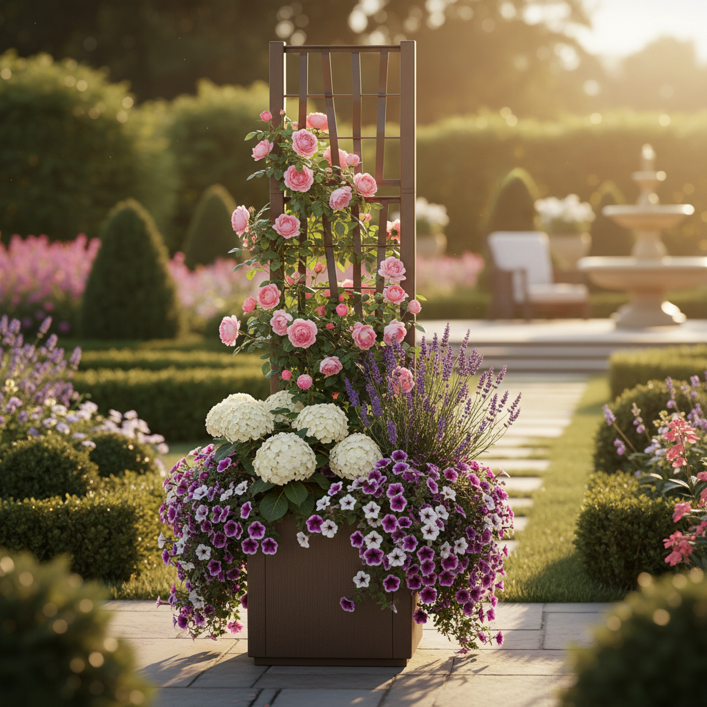 Brauner Pflanzkasten mit Rankgitter im eleganten Garten, bepflanzt mit rosa Kletterrosen, weißen Hortensien, Lavendel und violetten Petunien im warmen Abendlicht