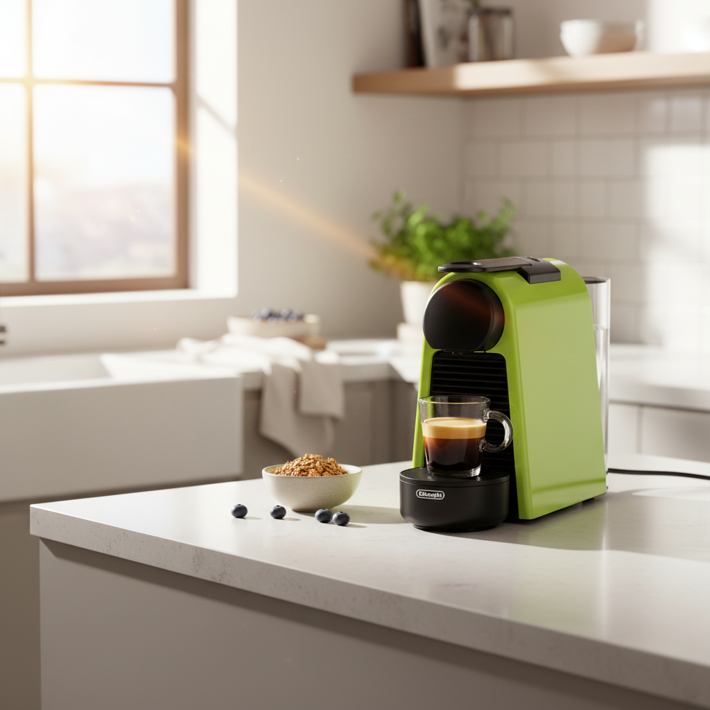 Grüne kompakte Espressomaschine auf moderner Küchenarbeitsplatte mit frisch gebrühtem Espresso im Glas – stilvolle Kaffeemaschine für den Alltag
