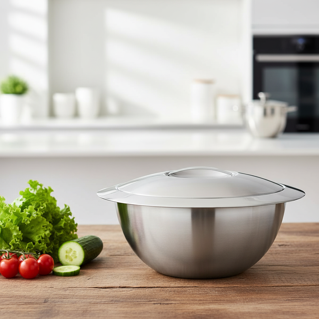 Edelstahl Salatschüssel mit Deckel auf Holztisch neben frischem Gemüse