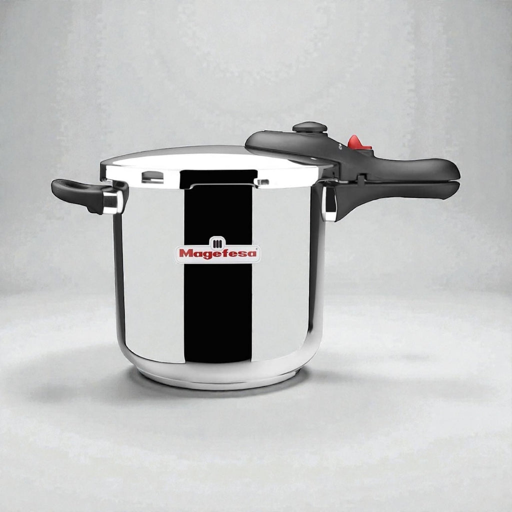„Magefesa Schnellkochtopf aus Edelstahl 6 Liter mit Sicherheitsdeckel und ergonomischem Griff, hochwertiger Druckkochtopf für schnelles und energiesparendes Kochen