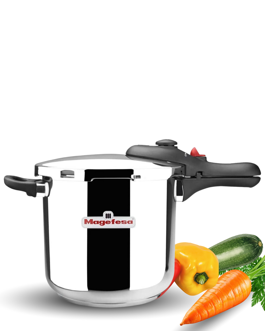 Magefesa Schnellkochtopf aus Edelstahl 6 Liter mit Sicherheitsdeckel und ergonomischem Griff, moderner Druckkochtopf für schnelles und energiesparendes Kochen mit frischem Gemüse