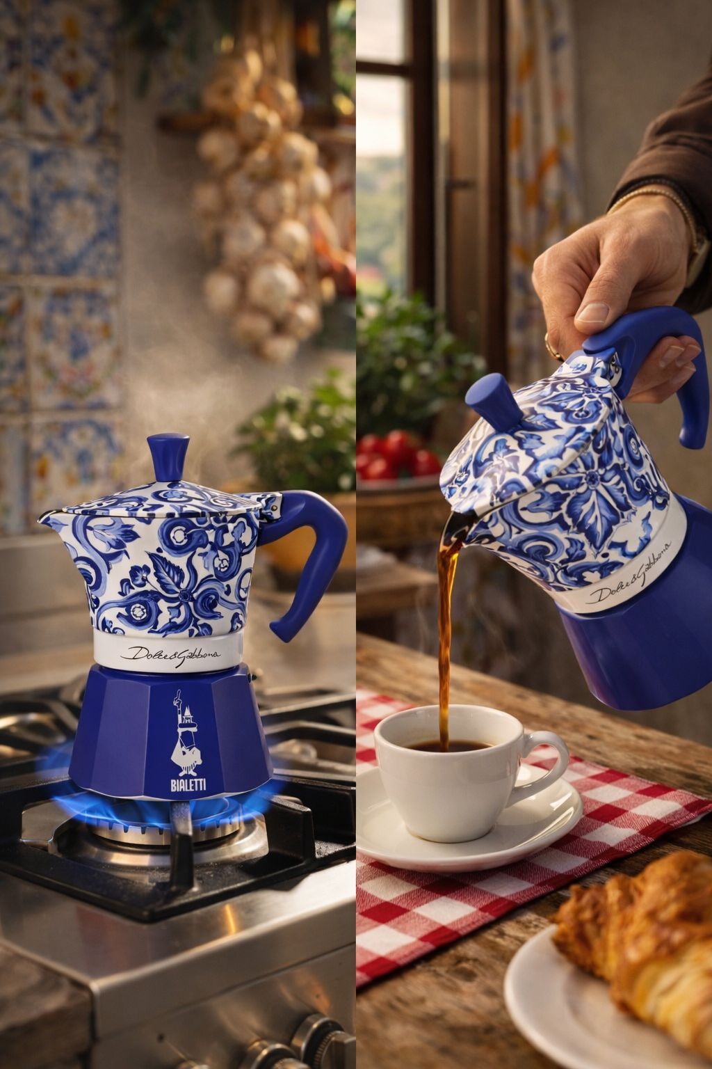 Espresso eingießen mit Bialetti Moka D&G blau 6 Tassen Aluminium Kaffeemaschine