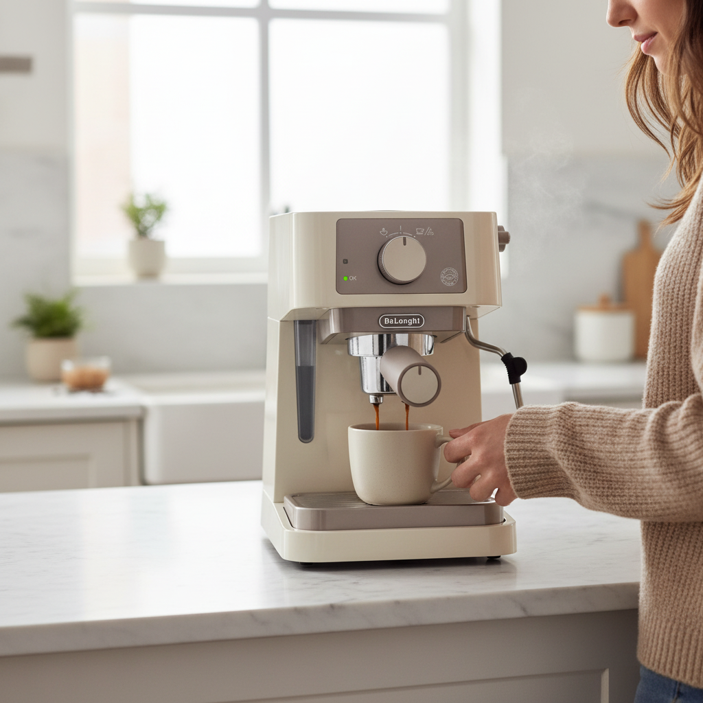 De’Longhi Kaffeemaschine in moderner Küche während der Espressozubereitung, kompakte Siebträgermaschine für frischen Kaffee zu Hause.