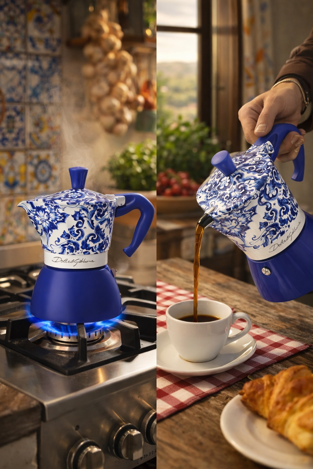 Espresso eingießen mit Bialetti Dolce Gabbana Kaffeemaschine blau Italien Stil