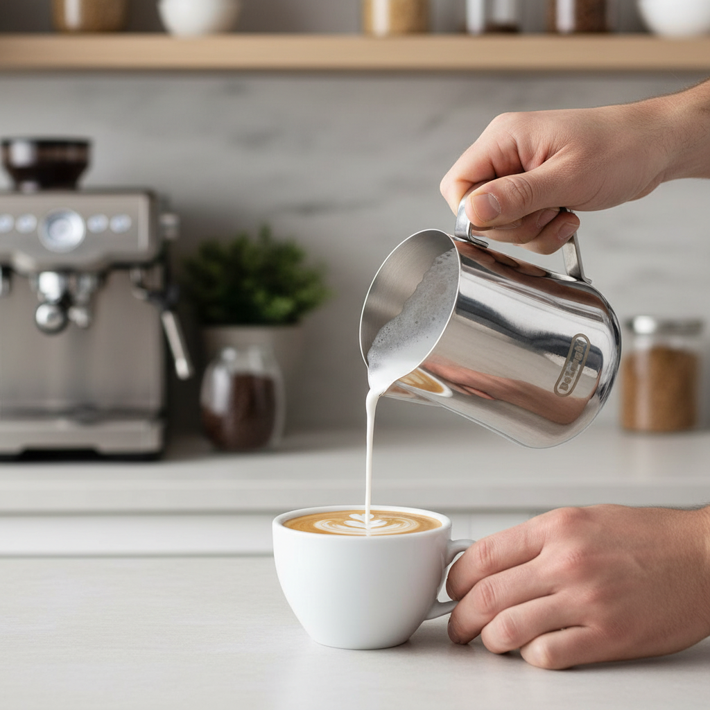 Barista gießt Milchschaum aus DeLonghi Edelstahl Milchkanne in Cappuccino – perfekte Milchkanne für Latte Art