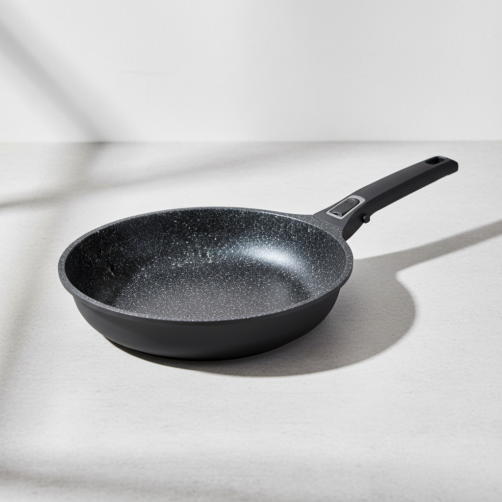 Schwarze Bratpfanne mit hochwertiger Antihaftbeschichtung und ergonomischem Griff auf hellem Hintergrund