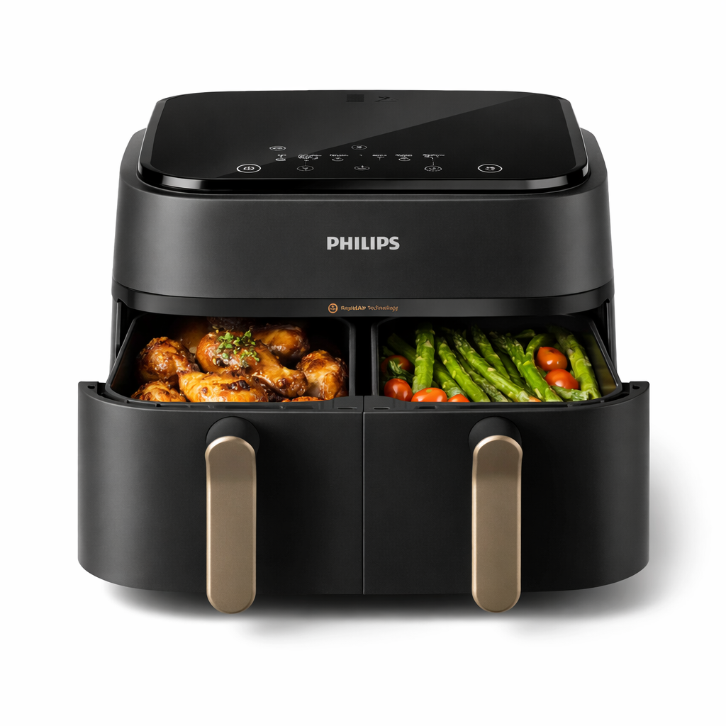 Philips Air Fryer mit zwei Schubladen und Touch Display für gleichzeitiges Garen von verschiedenen Speisen
