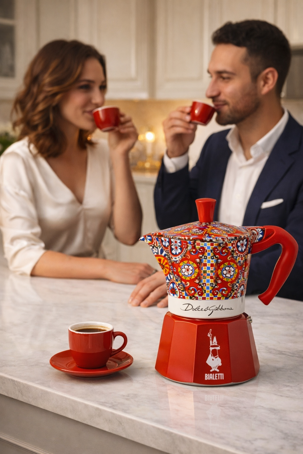 Espresso genießen mit Bialetti Dolce Gabbana Kaffeemaschine rot Paar Italien Stil