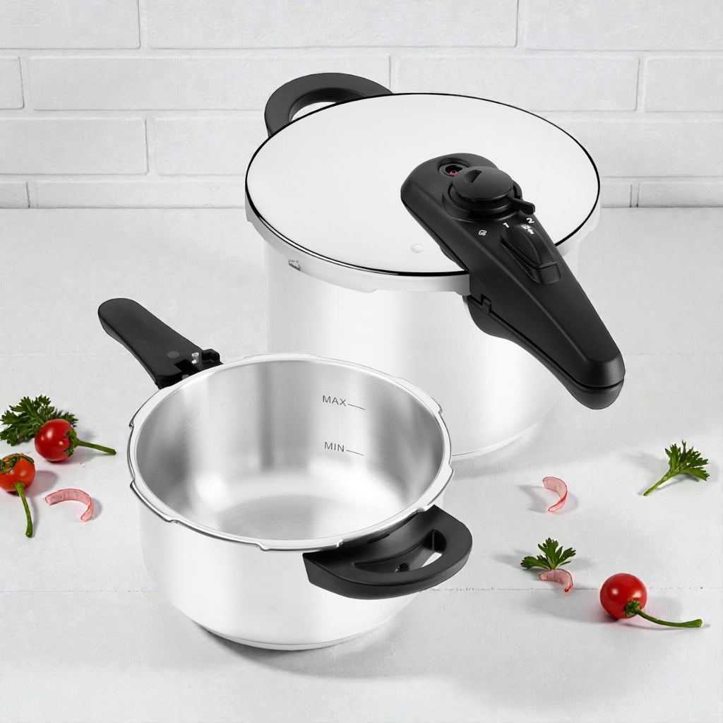 BRA Schnellkochtopf Set aus Edelstahl 4 L und 6 L mit Sicherheitsdeckel und Dampfeinsatz, moderner Druckkochtopf für schnelles und energiesparendes Kochen