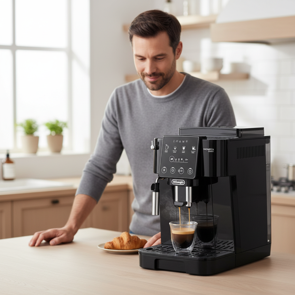 Moderner Kaffeevollautomat in heller Küche mit frisch zubereitetem Espresso, Mann genießt Kaffee am Morgen mit Croissant