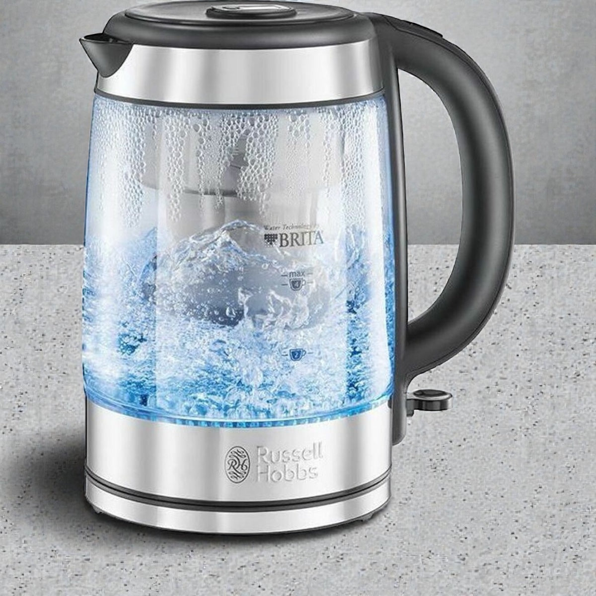 Glas-Wasserkocher mit Edelstahl-Elementen und blauer LED-Beleuchtung – modernes Design und schnelle Leistung.