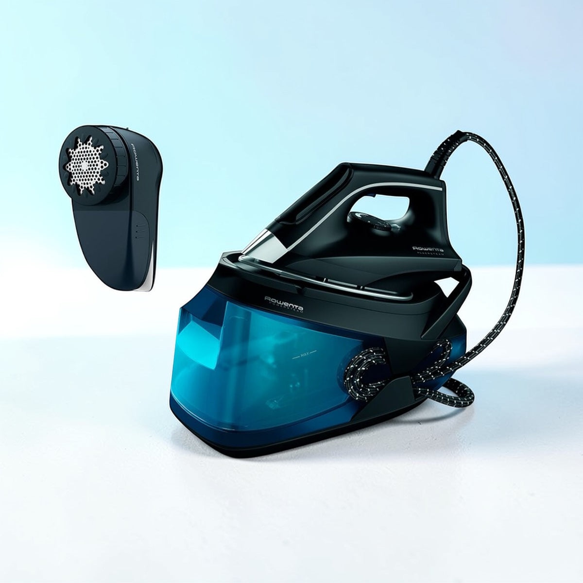 Rowenta DG8627 Dampfbügelstation mit 2400W Leistung, 7,2 bar Hochdrucksystem und blauem 1,1L Wassertank, moderne Bügelstation für professionelle Ergebnisse.