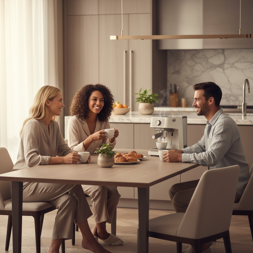 De’Longhi Espressomaschine auf dem Esstisch mit frischem Kaffee und Croissants, gemütliche Kaffeemoment-Szene mit Freunden in moderner Küche.
