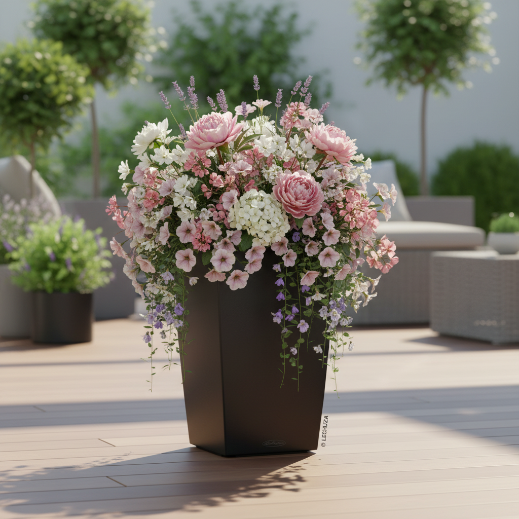 Schwarzer Pflanzkübel mit Blumen elegante Terrassen Dekoration