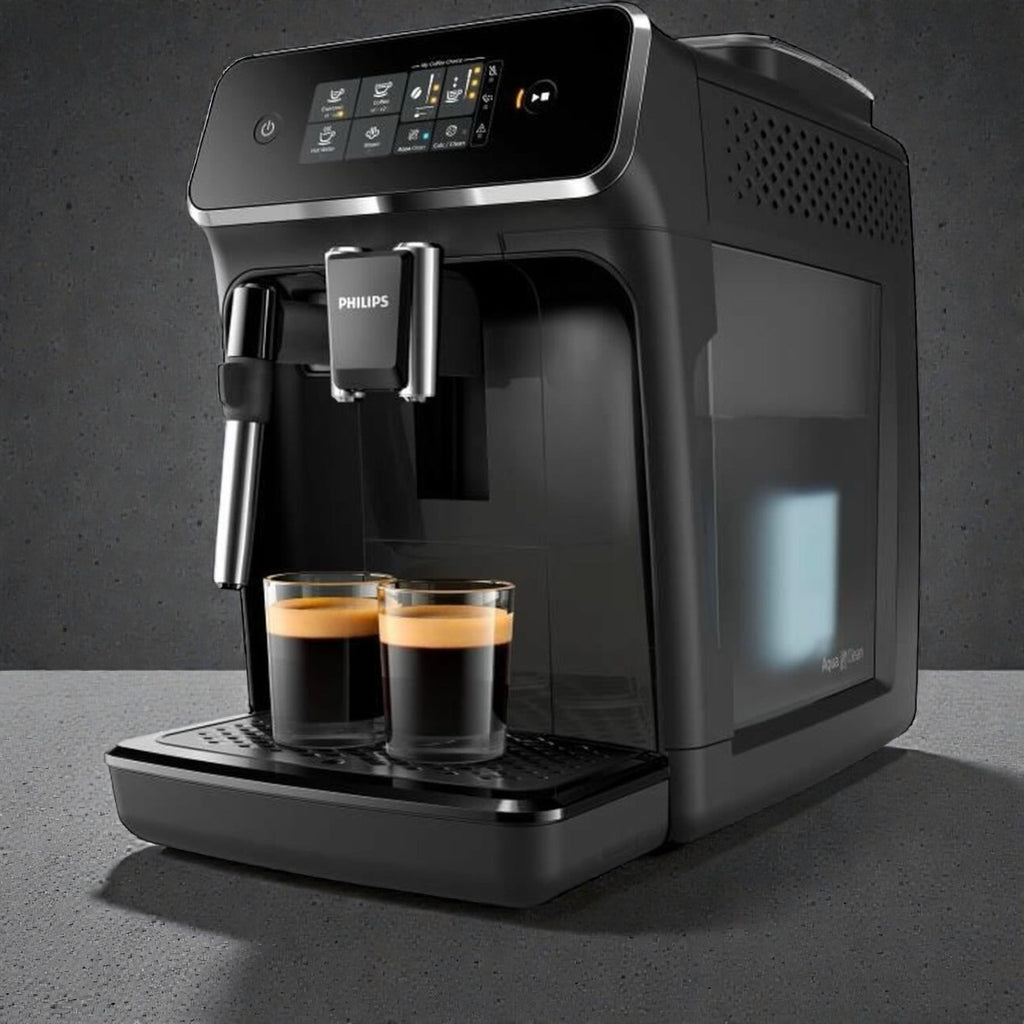 Philips Kaffeevollautomat mit zwei Espressotassen – moderne Kaffeemaschine mit Milchaufschäumer für Zuhause.