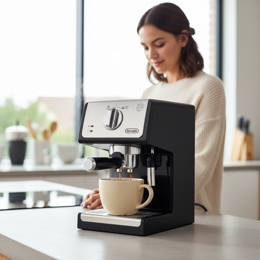 Moderne DeLonghi Espressomaschine mit Siebträger und Espresso im Glas – perfekte Kaffeemaschine für italienischen Kaffeegenuss