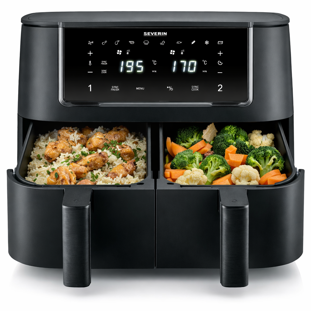 Dual Air Fryer für gleichzeitiges Kochen von Reis mit Hähnchen und frischem Gemüse ohne Fett
