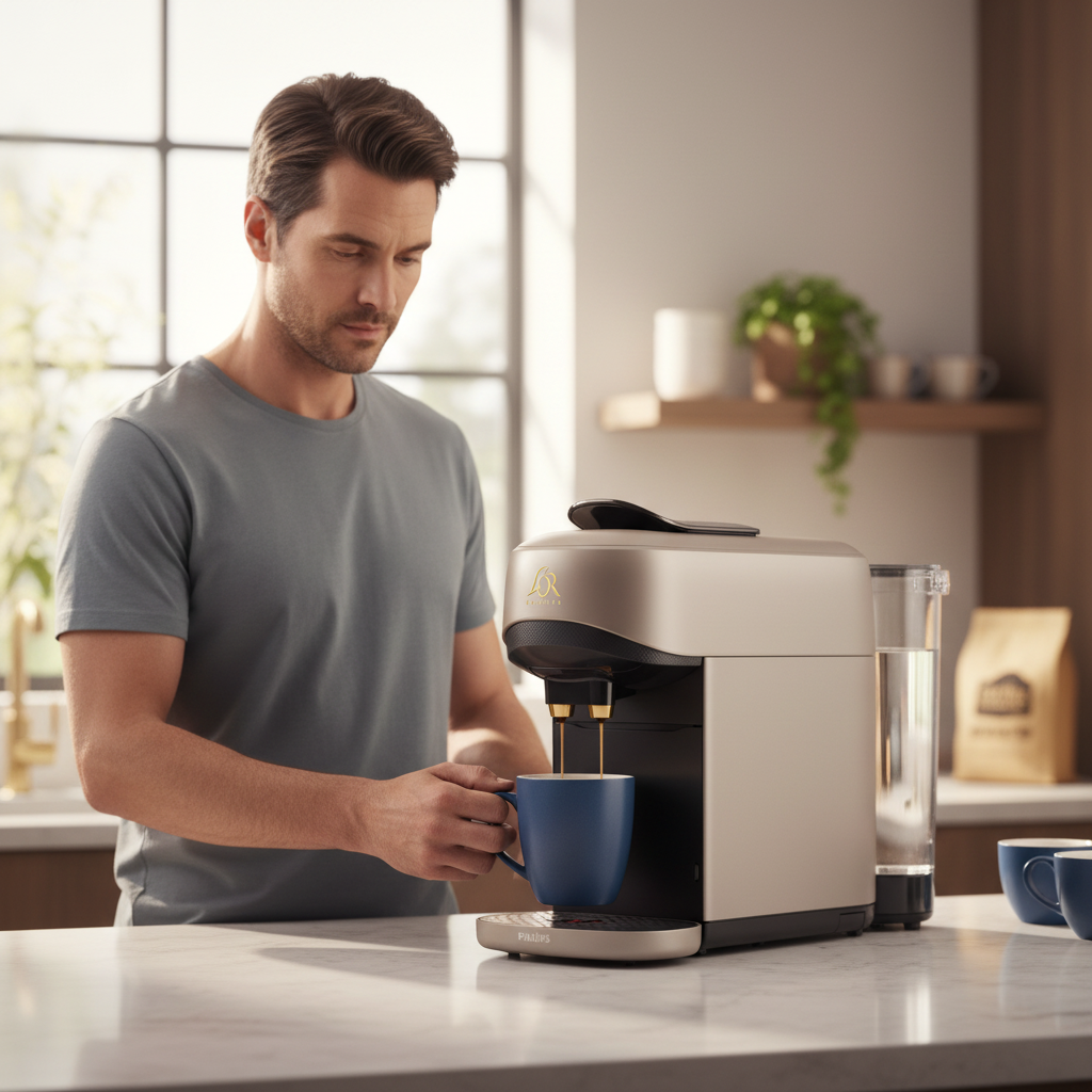 Philips Barista Kaffeemaschine in moderner Küche, Mann bereitet frischen Kaffee in einer Tasse zu – kompakte Kaffeemaschine für Zuhause.