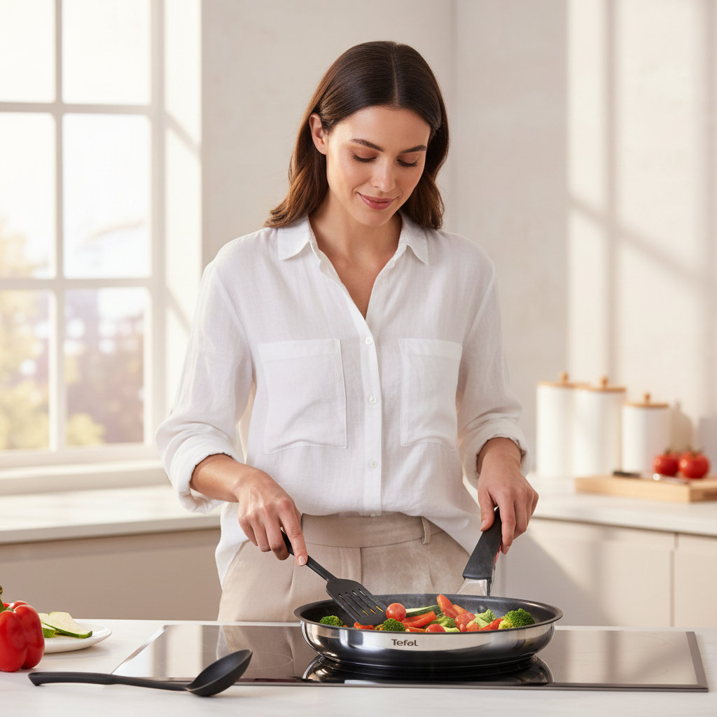 Frau bereitet frisches Gemüse in einer Tefal-Edelstahlpfanne auf einem Induktionskochfeld zu, gesundes Kochen in heller Küche