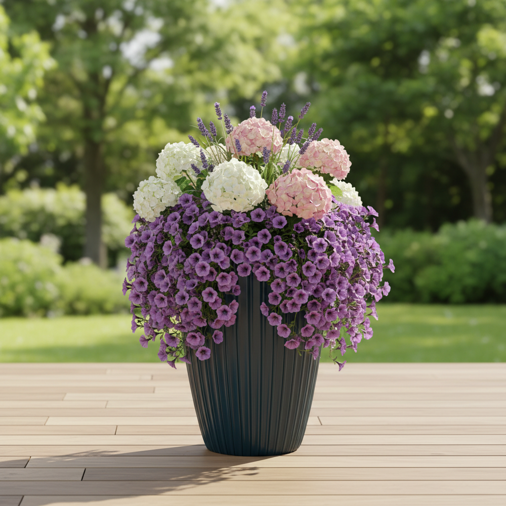 Hoher dunkelblauer geriffelter Pflanzkübel auf moderner Terrasse, bepflanzt mit violetten Petunien, weißen und rosafarbenen Hortensien sowie Lavendel im sonnigen Garten