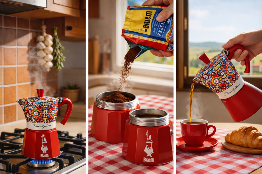 Espresso zubereiten mit Bialetti Dolce Gabbana Kaffeemaschine rot Kaffee einfüllen
